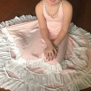 Pink and White Casual Dress with Ruffled Skirt